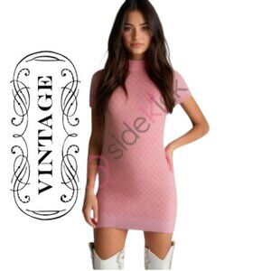 🥑Vntg 90's Gap Barbie Sweater Dress Stretchy bodycon Cable Knit Mock Neck Pink
